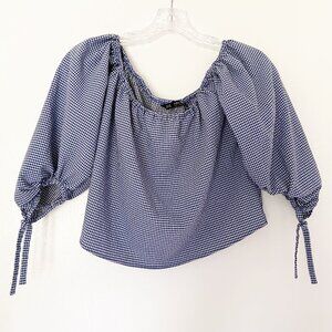 Zara Blue Gingham Off the Shoulder Cropped Blouse